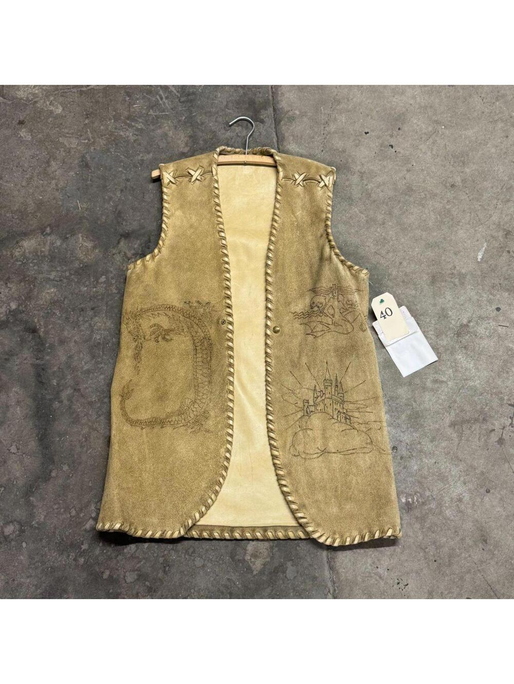 Vintage 60s 70s Suede Buckskin Western Film Costume Vest Stenciled Whipstitch